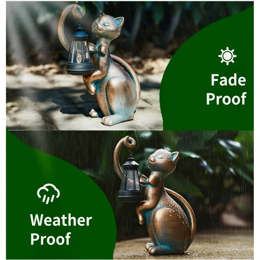 Solar Powered Cat Garden Statue Lighted Lantern Sculpture Outdoor Yard Art Decor